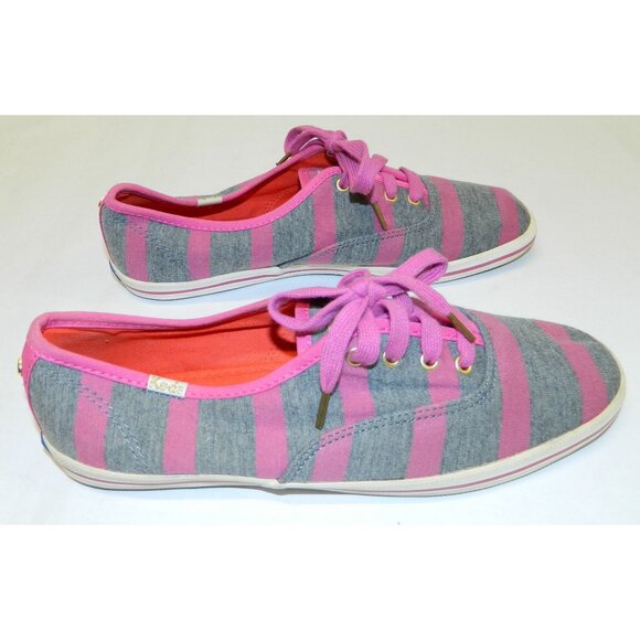 Keds Womens Kate Spade Striped Sneakers Size 7 Pink & Gray Canvas Lace-Up - Picture 2 of 10